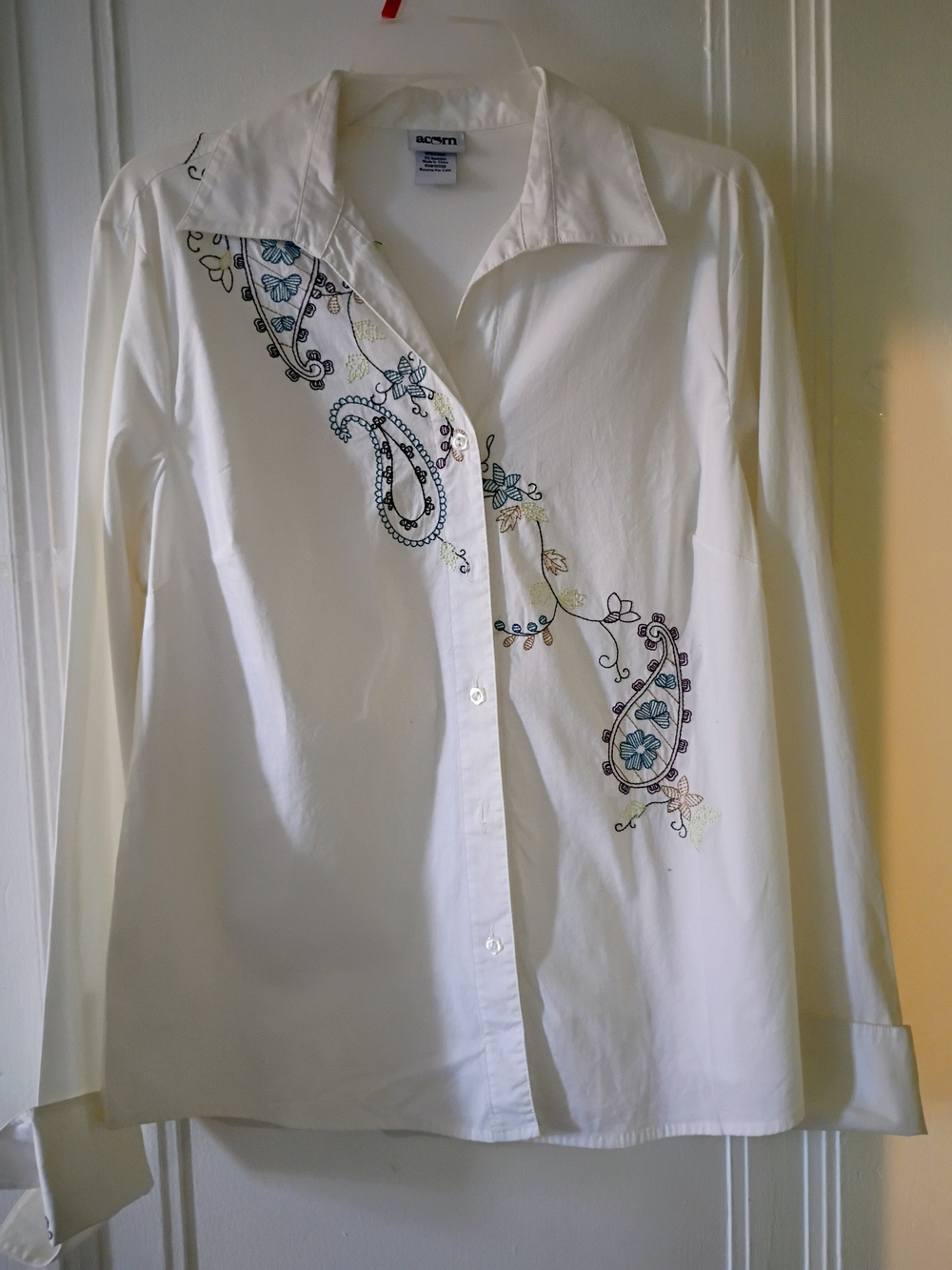 Acorn White Collared Shirt with Navy Embroidery Boho Classic